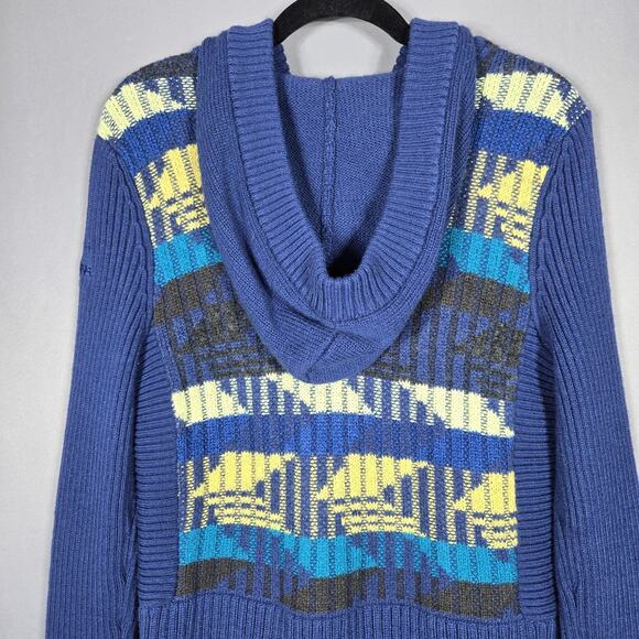 DKNY Jeans Sweater Womens L Blue Wool Blend Hooded Henley Geometric Knit Y2K VTG - Picture 7 of 9